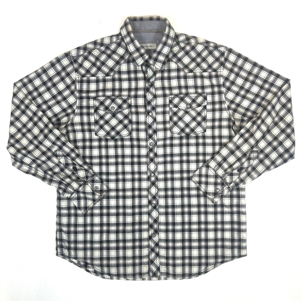 James Campbell Mens Black White Plaid Western Pearl Snap Button Shirt Large